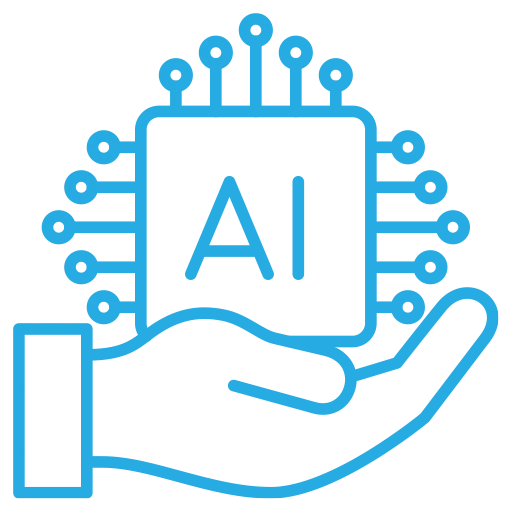 Icon of a hand holding a computer chip labeled with AI to represent the benefits of AI.