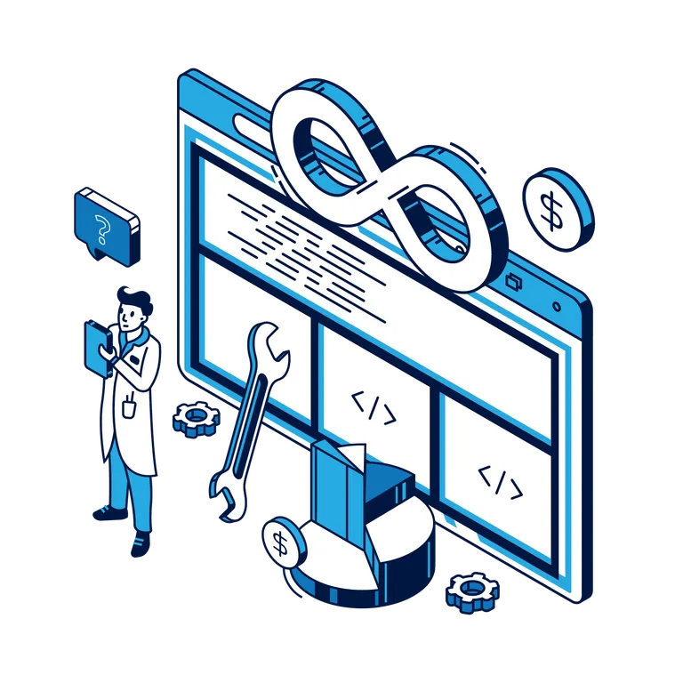 An illustration representing ongoing system evaluation and iterative improvements of software.
